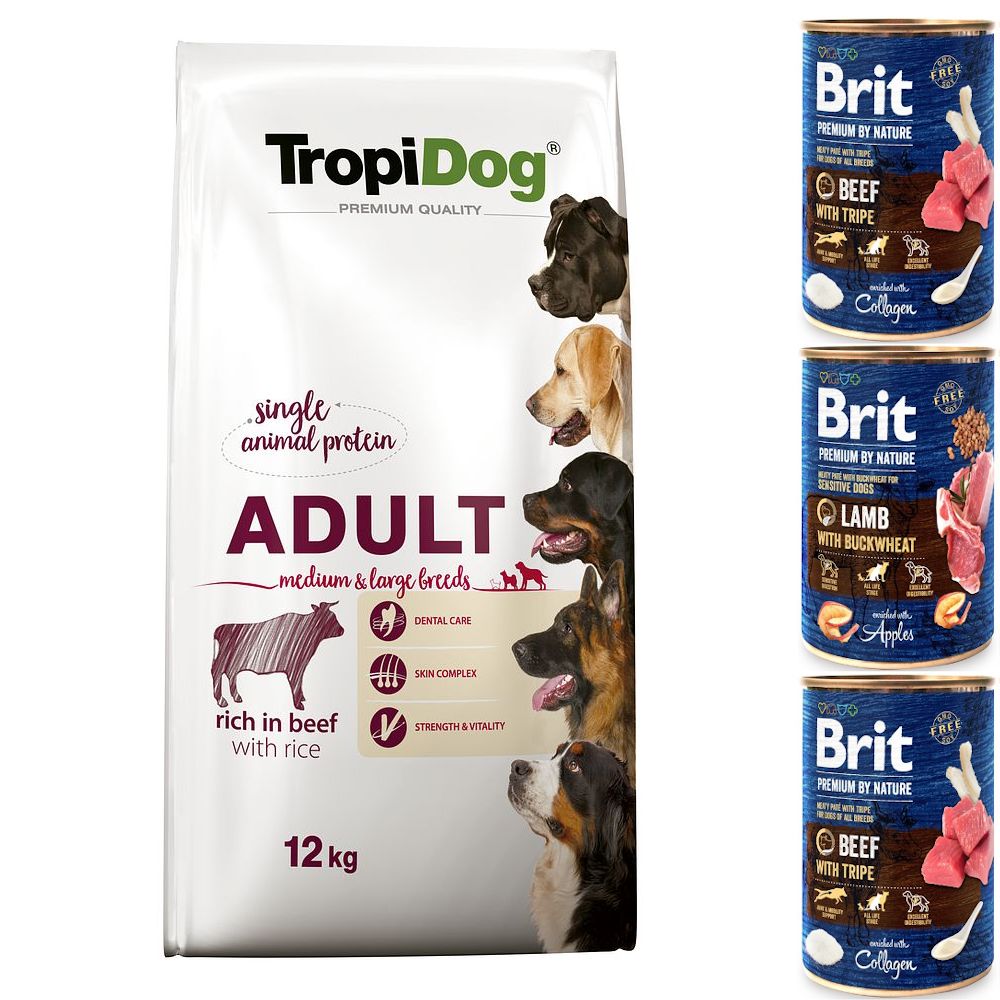 TROPIDOG PREMIUM Adult Medium & Large Beef & Rice 12kg + 3 puszki
