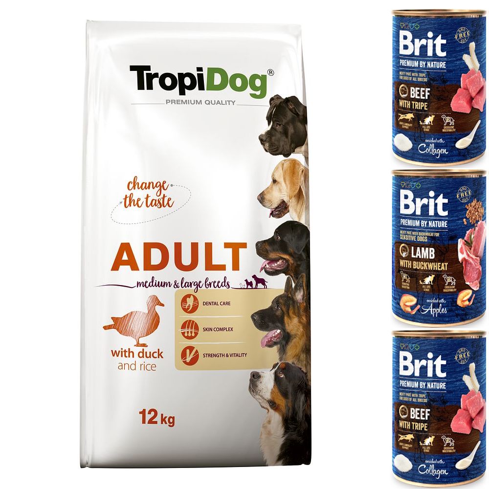 TROPIDOG PREMIUM Adult Medium & Large Duck & Rice 12kg + 3 puszki