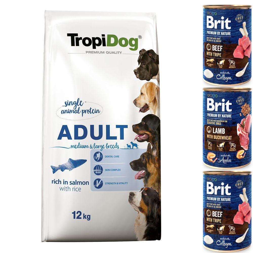 TROPIDOG PREMIUM Adult Medium & Large Salmon & Rice 12kg + 3 puszki