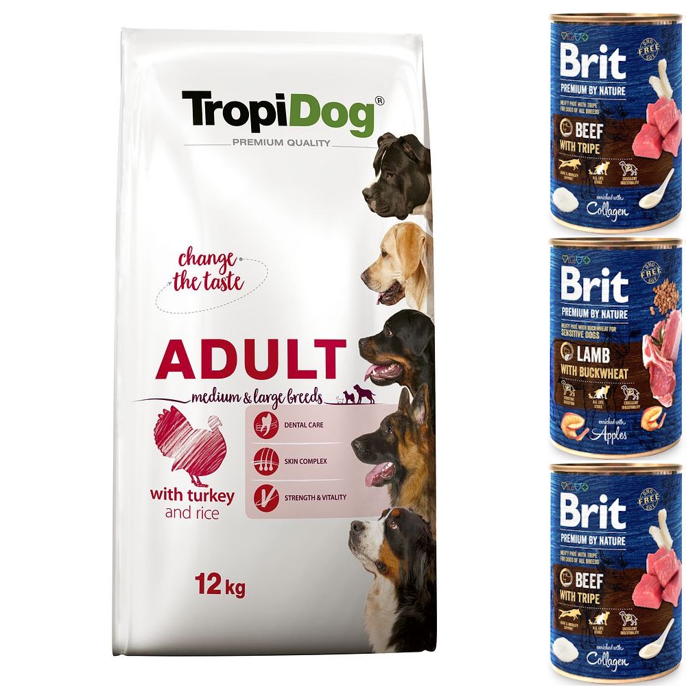 TROPIDOG PREMIUM Adult Medium & Large Turkey & Rice 12kg + 3 puszki