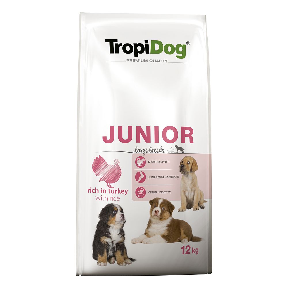 TROPIDOG PREMIUM Junior Large Turkey & Rice 12kg + 3 puszki