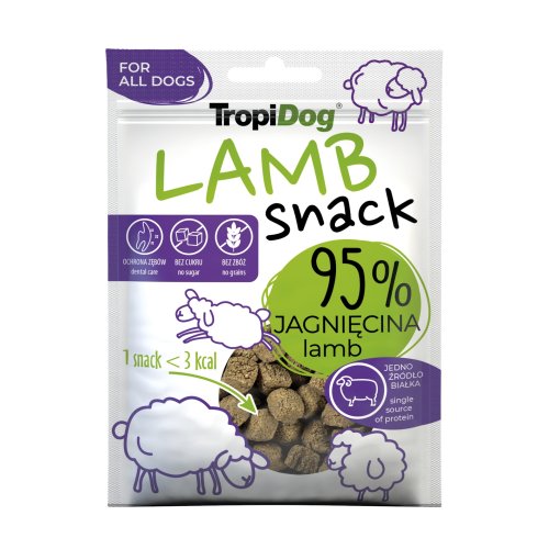 tropidog snack lamb 70g przekąska z jagnięciny aż 95% jagnięciny, jedno źródło białka